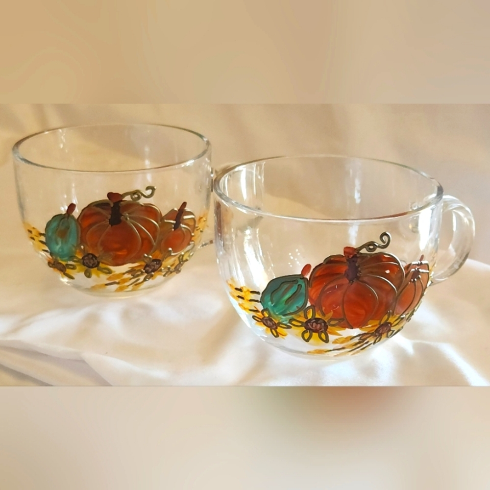 2 Neck of the Woods Hand-Painted Decorative Glass Mugs FallPumpkin Autumn Floral
